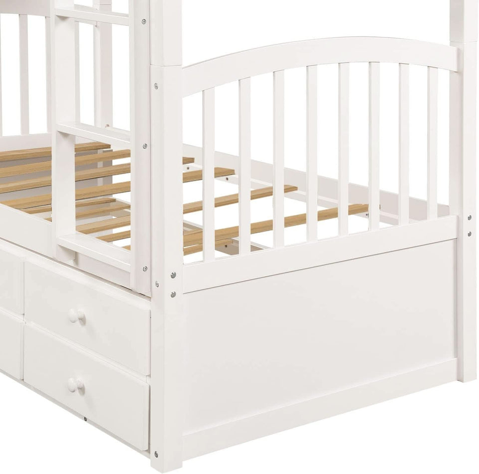 Twin Over Twin Bunk Bed With Trundle And Drawers White