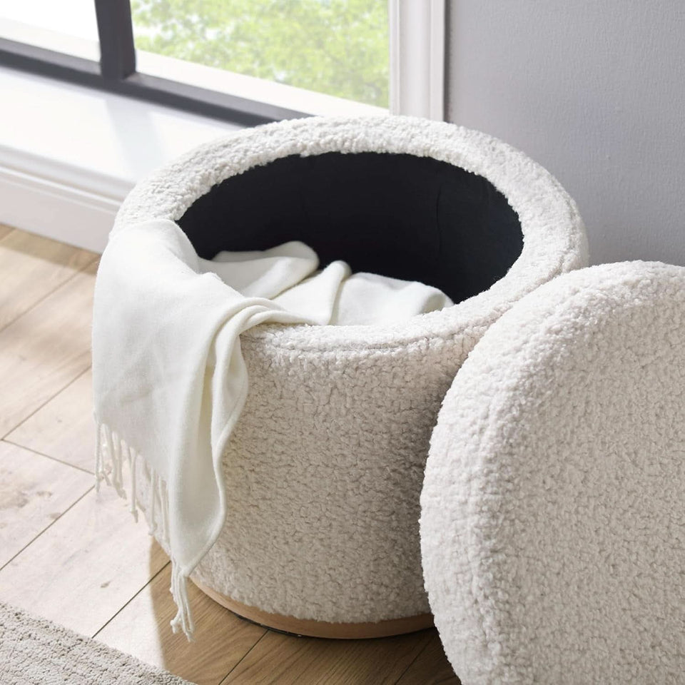 Cream Sherpa Deluxe Storage Ottoman Solidwood Base