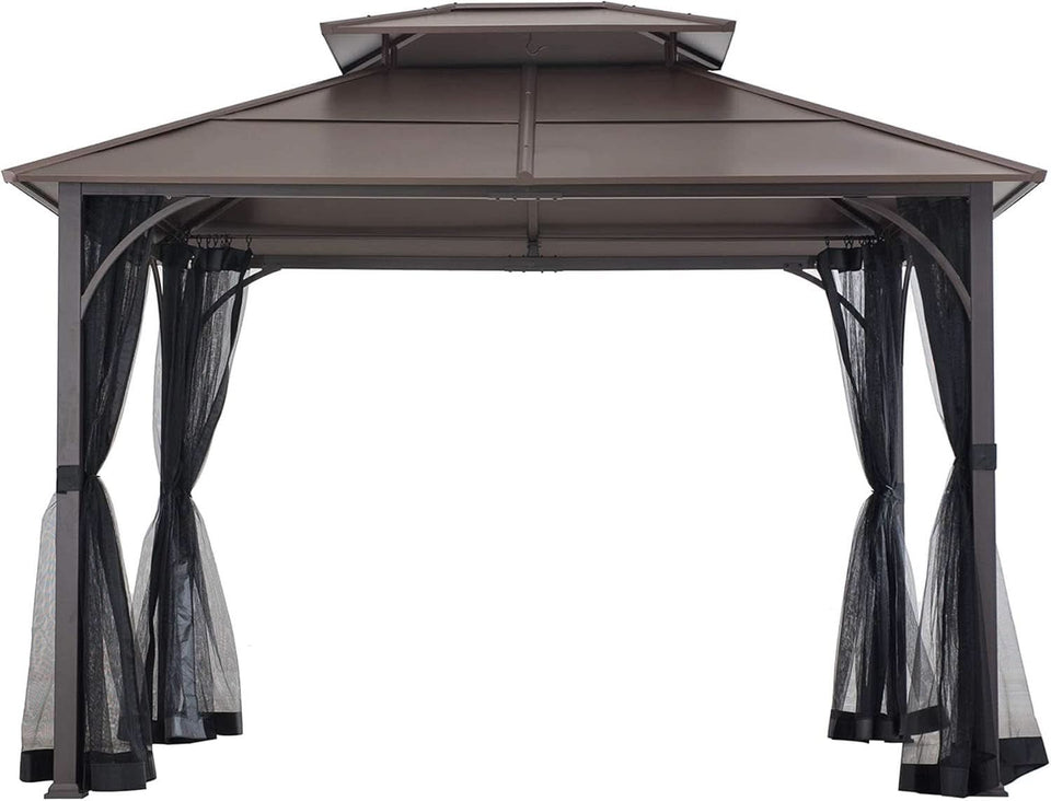 10x12 Brown Hardtop Gazebo With Steel Frame And Netting For Outdoor Patio Garden Canopy Shelter