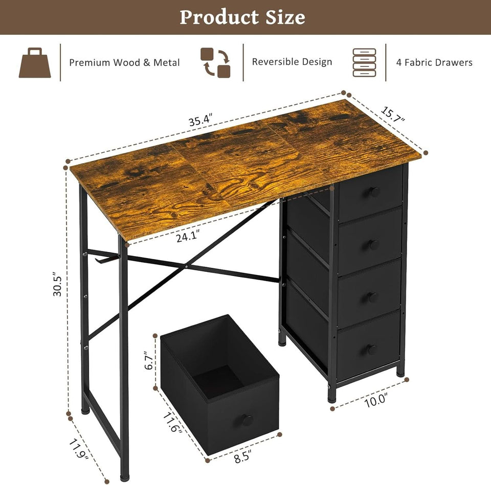 Rustic Brown Home Office Computer Desk With Fabric Drawers