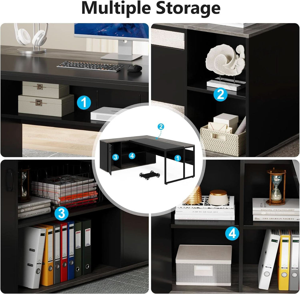 71 Inch Gray L Shaped Desk With Cabinet Storage For Home Office