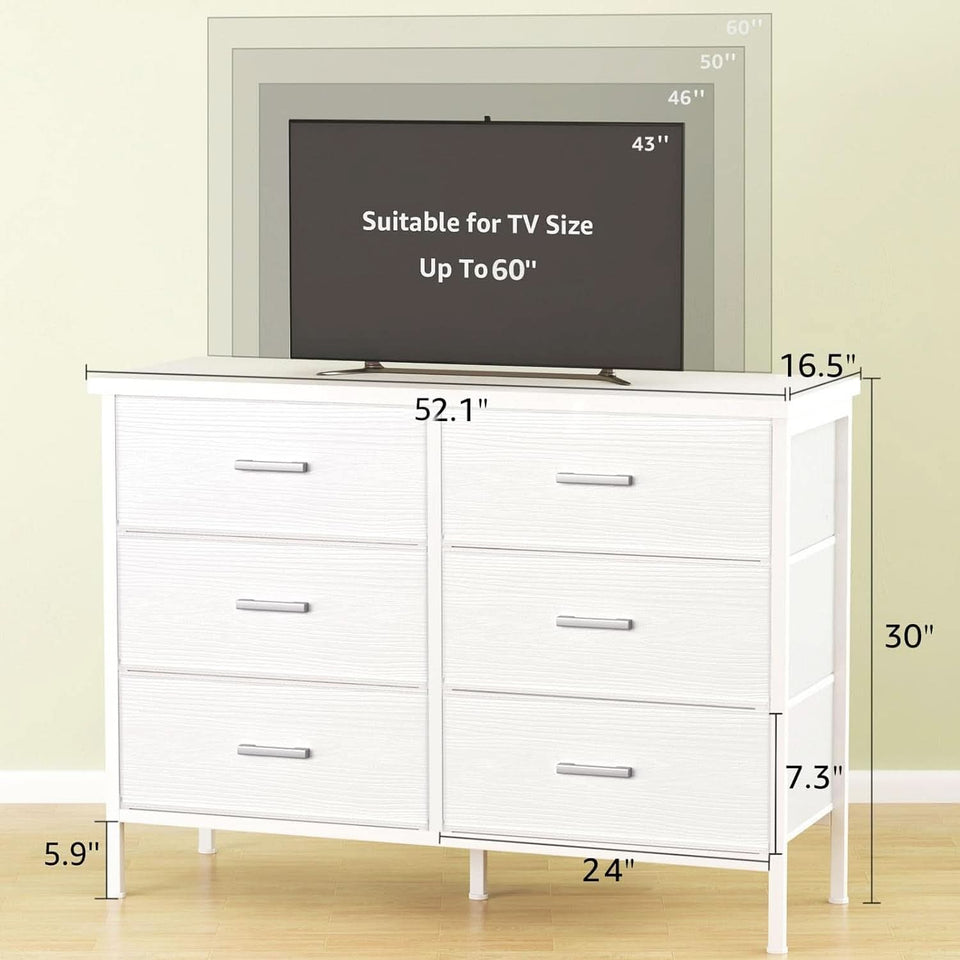 White Premium Fabric Dresser With Six Drawers And Wood Top