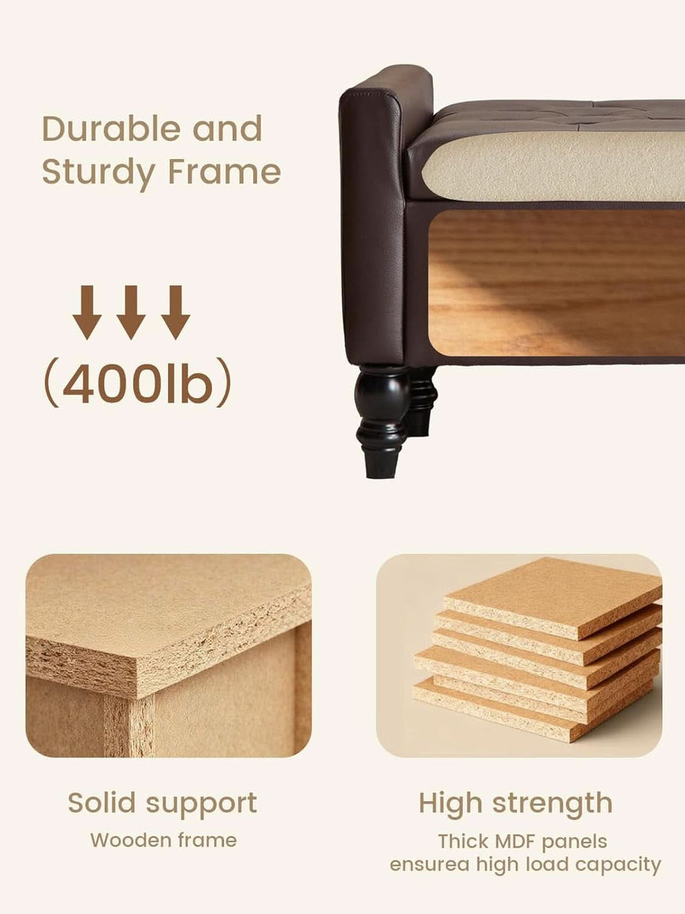 Brown Genuine Leather Storage Ottoman Bench Bedside