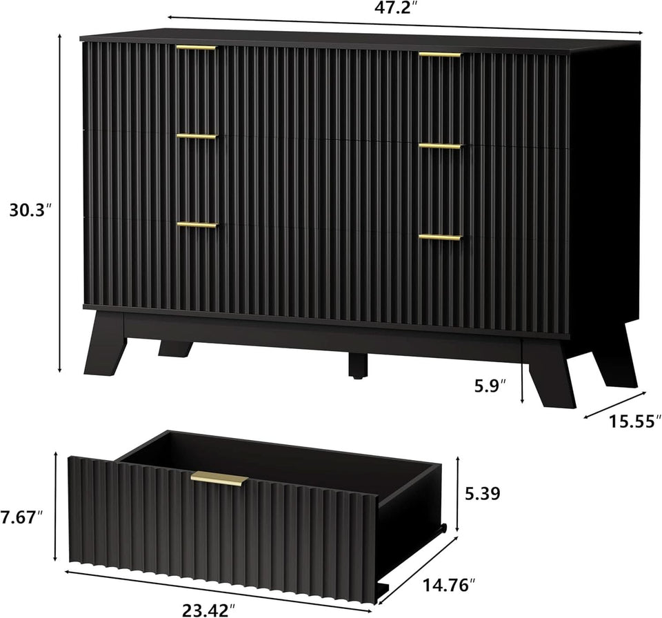 6 Drawer Dresser In Natural Wood With Fluted Front And Gold Handles