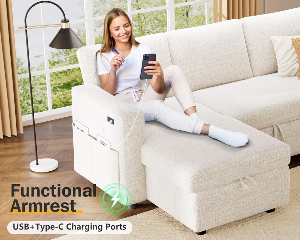 105Inch UShaped SectionalSofa With Pullout Bed Beige