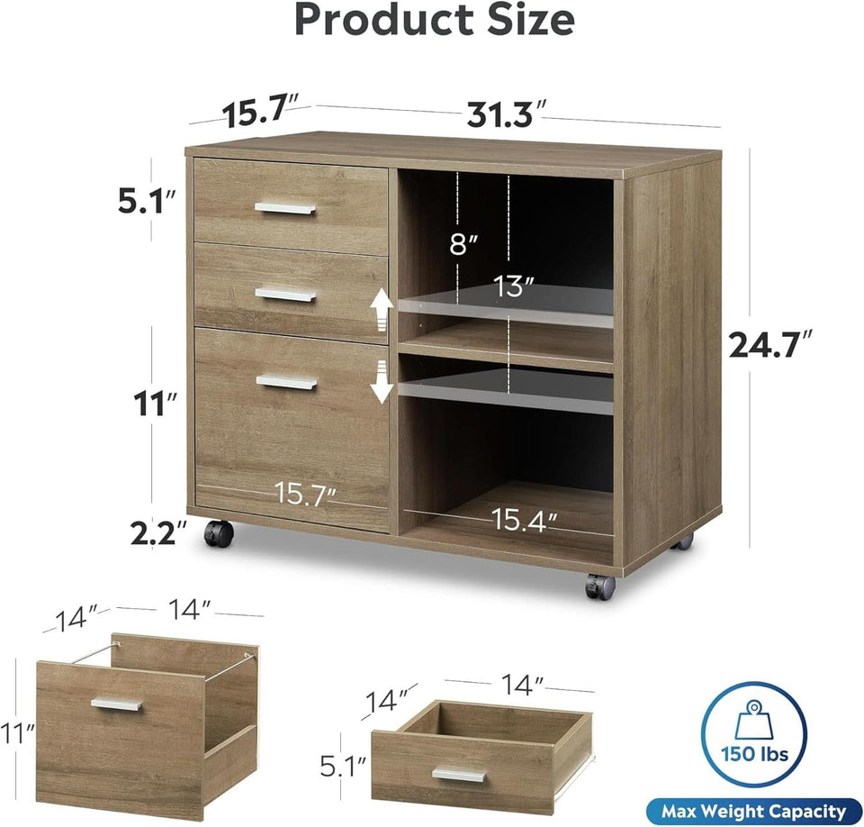 Three Drawer Mobile File Cabinet In Gray Oak With Open Shelves Printer Stand For Home Office