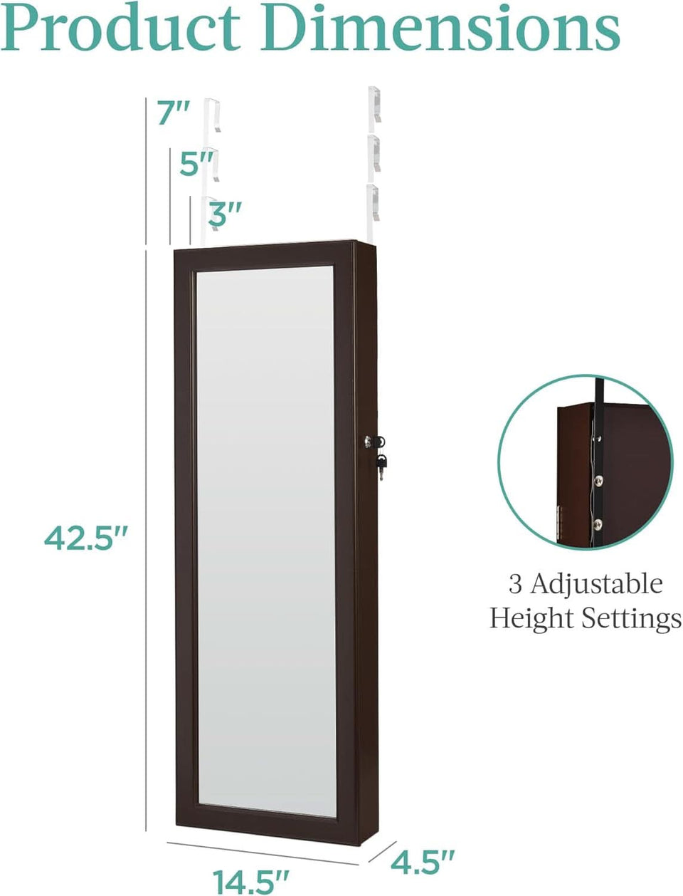 LED Mirror Jewelry Cabinet Lockable Espresso Armoire