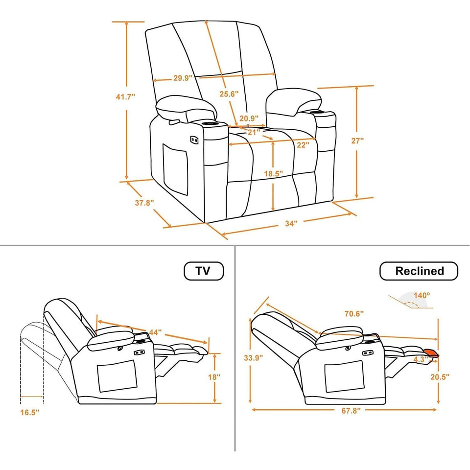 Fabric Electric Recliner Chair With Heat Remote Control