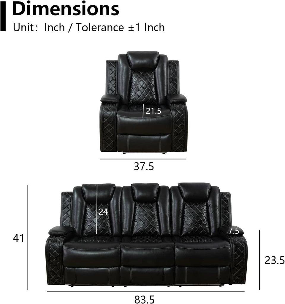 Black Leather Reclining Sofa Set With LED Light Living Room