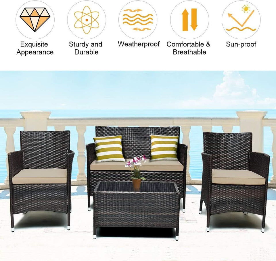 4-Piece Outdoor Rattan Conversation Set with Cushions