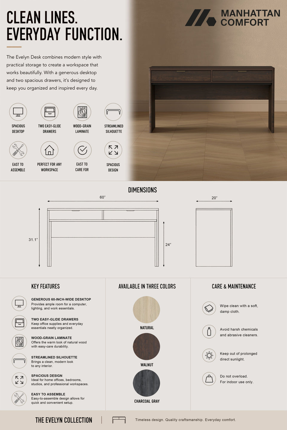 Evelyn 60" Writing Desk in Brown (2-Drawer)