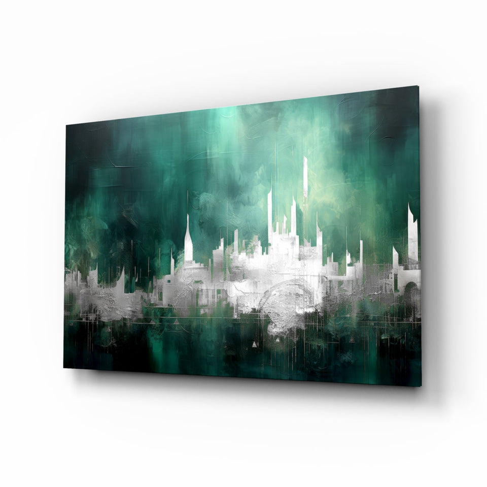 Emerald Mist Abstract Skyline Glass Wall Art