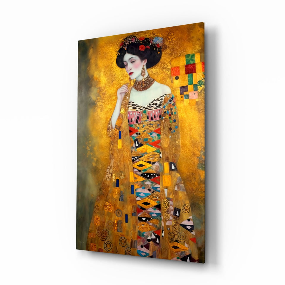 Klimt Style Golden Robe Lady Glass Wall Art