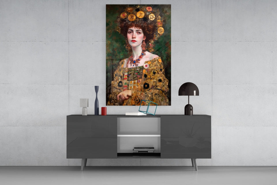 Klimt Style Floral Crown Portrait Glass Wall Art