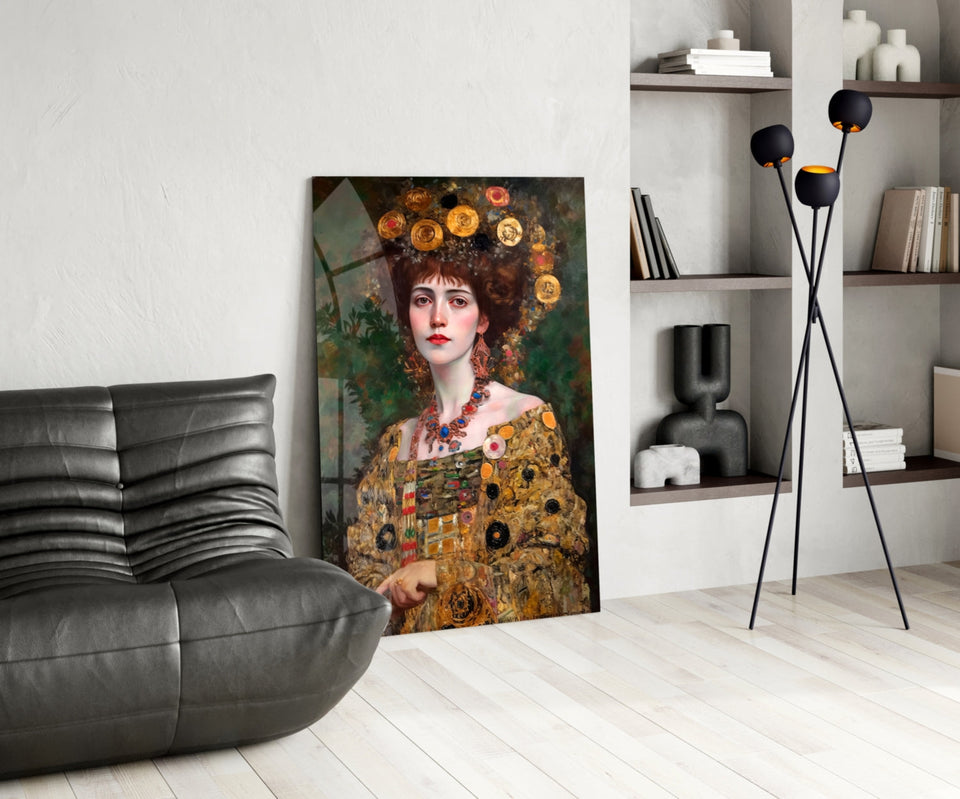 Klimt Style Floral Crown Portrait Glass Wall Art