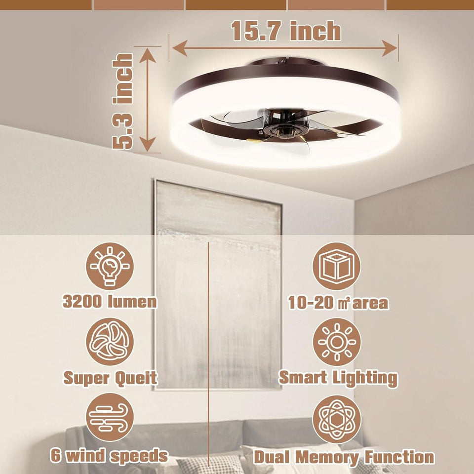 Brown Flush Mount Bladeless Fan Light With Dimmable LED