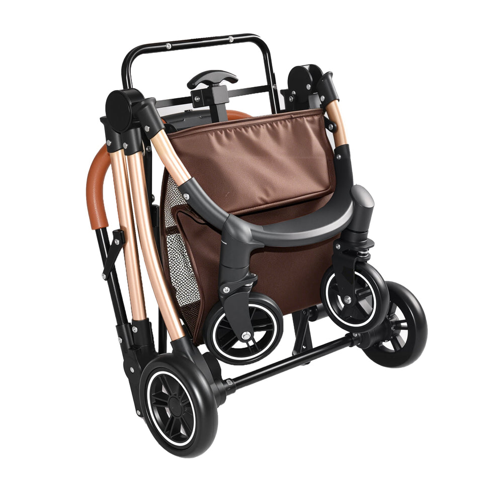 2-in-1 Foldable Pet Stroller with Sun Canopy - Khaki & Gold