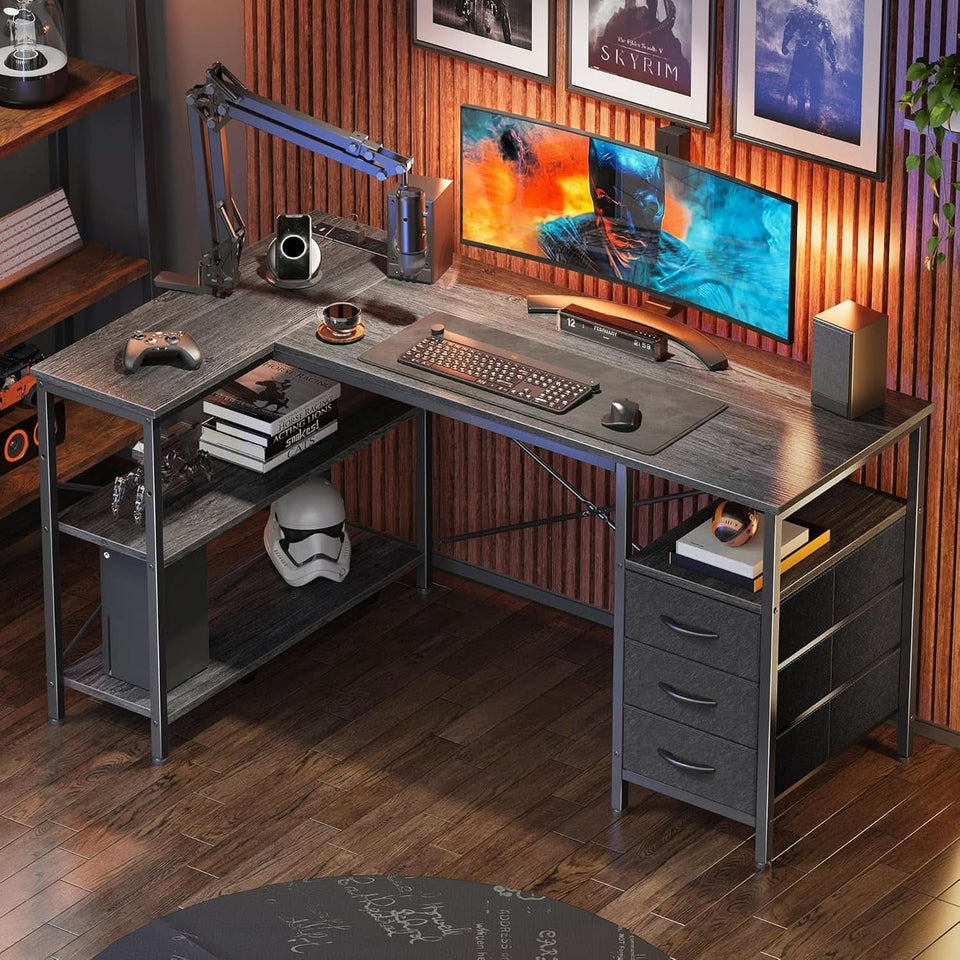 47 Inch L Shaped Desk With Power Outlets And 3 Drawers Grey
