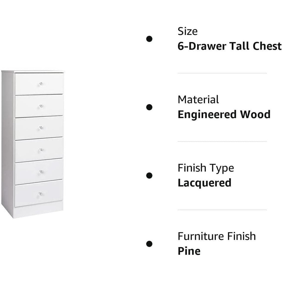 6-Drawer Tall Chest Dresser With Acrylic Knobs Solid Wood