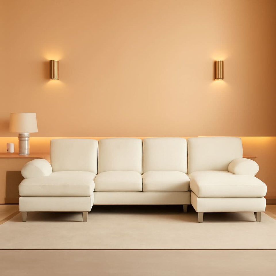 U Shape Sectional Sofa 111 Inch Beige Chenille Convertible