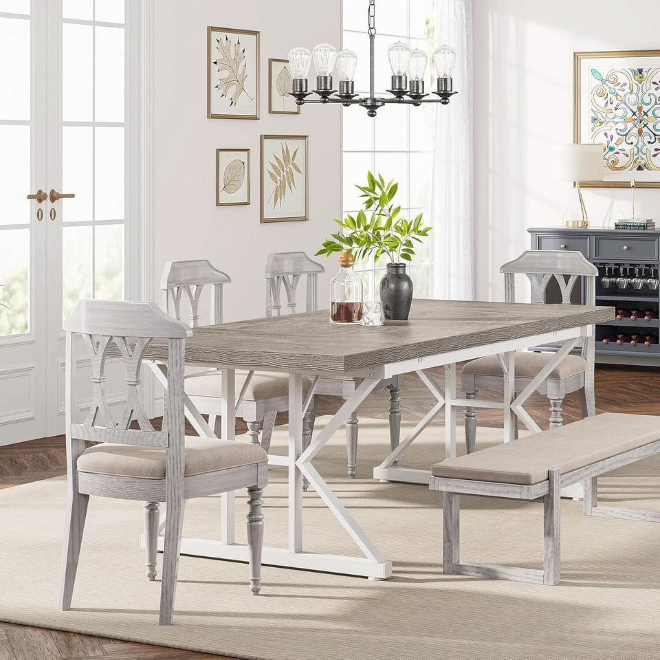 Farmhouse 6 Person Dining Table 70.8 Inch Grey Wood Table