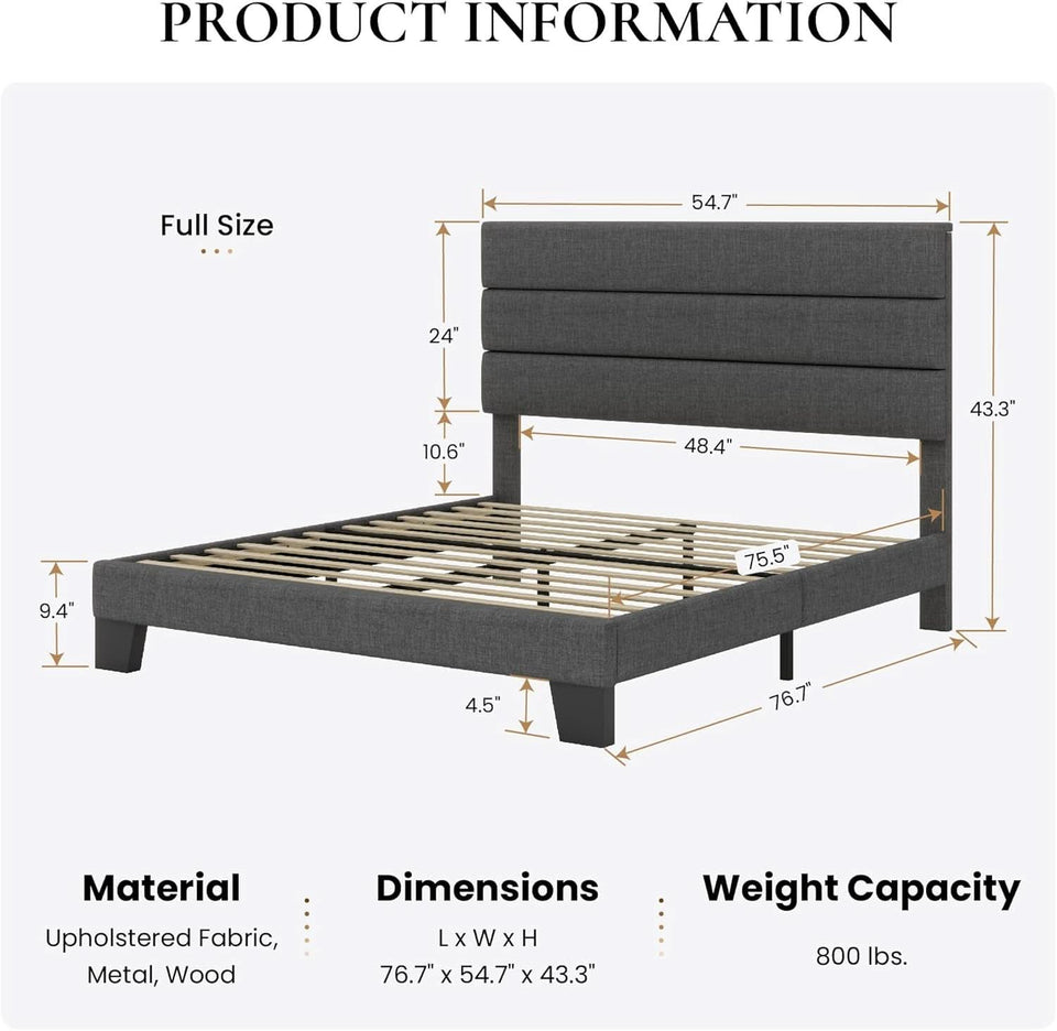 Full Size Upholstered Bed Frame With Grey Headboard