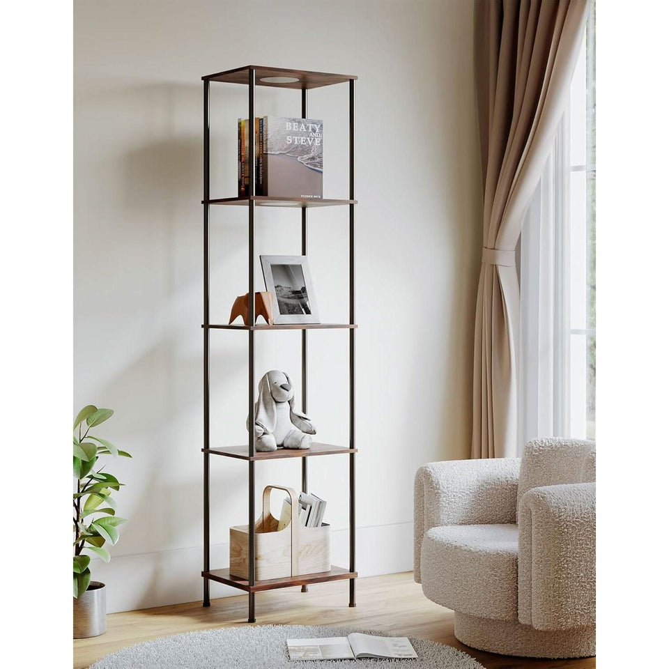 Display Shelf With RGBW Light Floor Lamp 5 Tier Brown