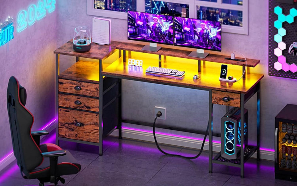 60 Inch Computer Desk With Storage Drawers And LED Lights