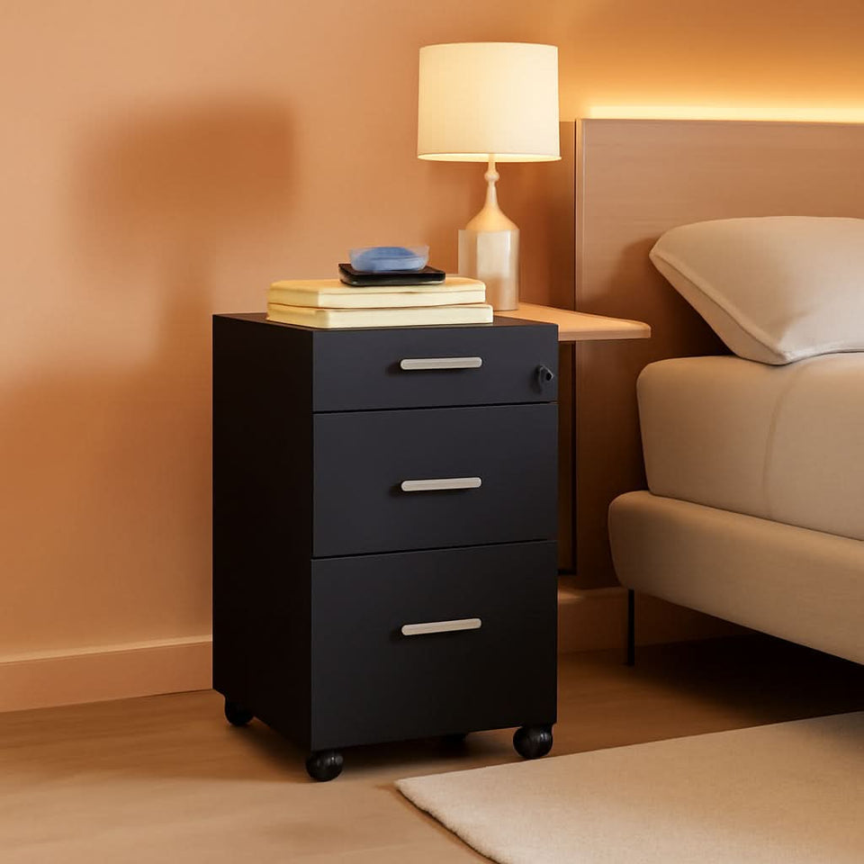 Black 3-Drawer Locking Rolling File Cabinet for Home Office