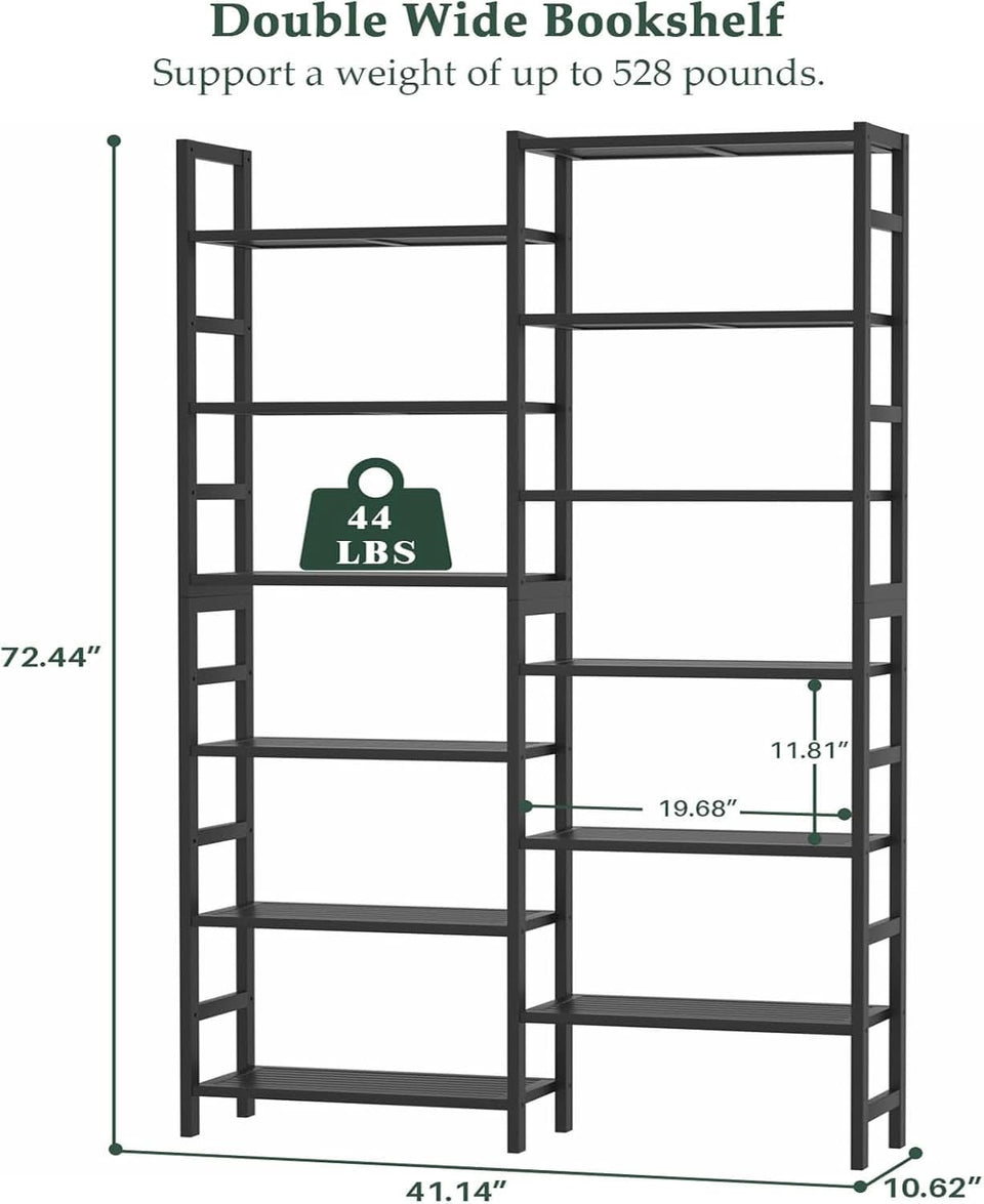Double Wide Black Bookshelf Freestanding 6 Feet Tall
