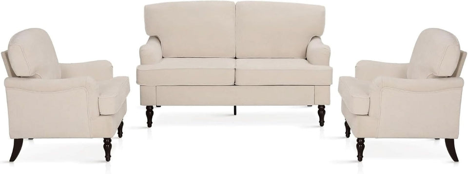 Three Piece Living Room Furniture Set With Linen Fabric Loveseat And Two Accent Chairs Off White