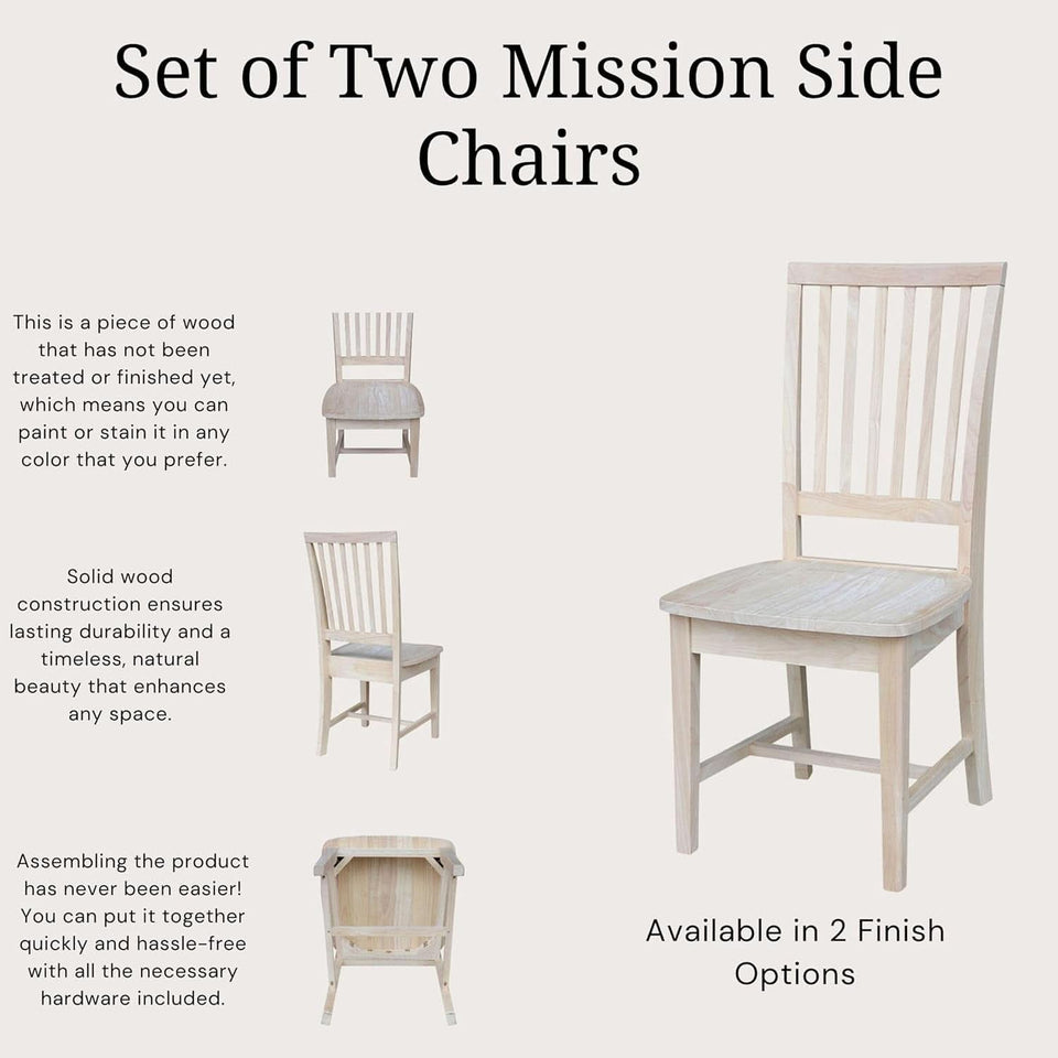 Mission Side Dining Chairs Set Of 2 Solid Parawood Unfinished 39.2 Inch Height