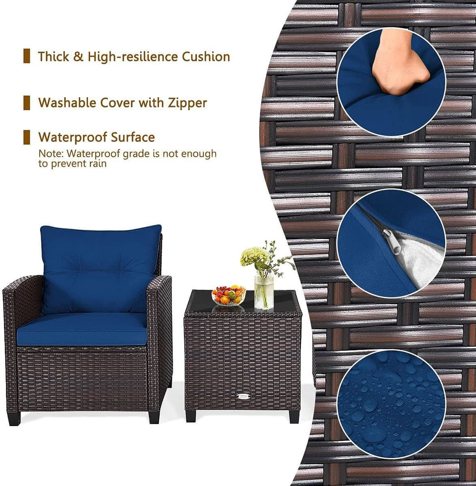 Three Piece Patio Furniture Set With Washable Cushions And Tempered Glass Tabletop Navy Blue