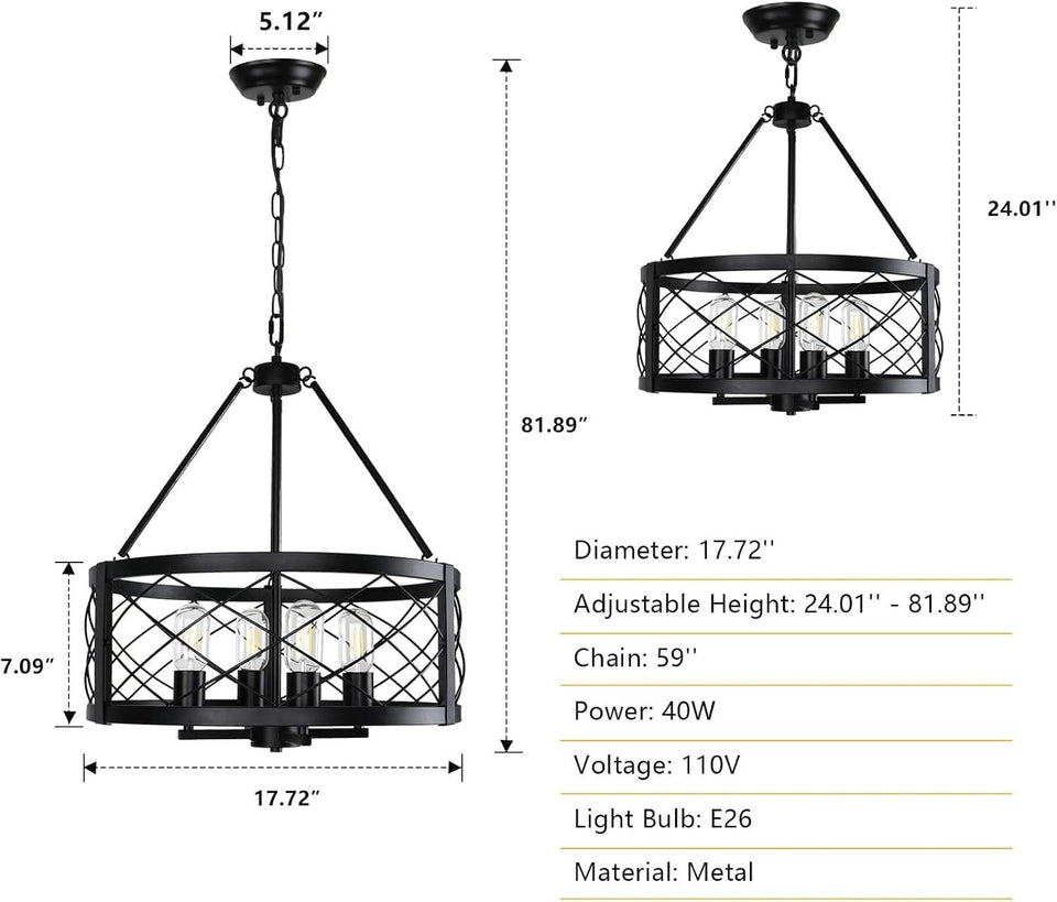 Black Industrial Chandelier Four Light Drum Fixture