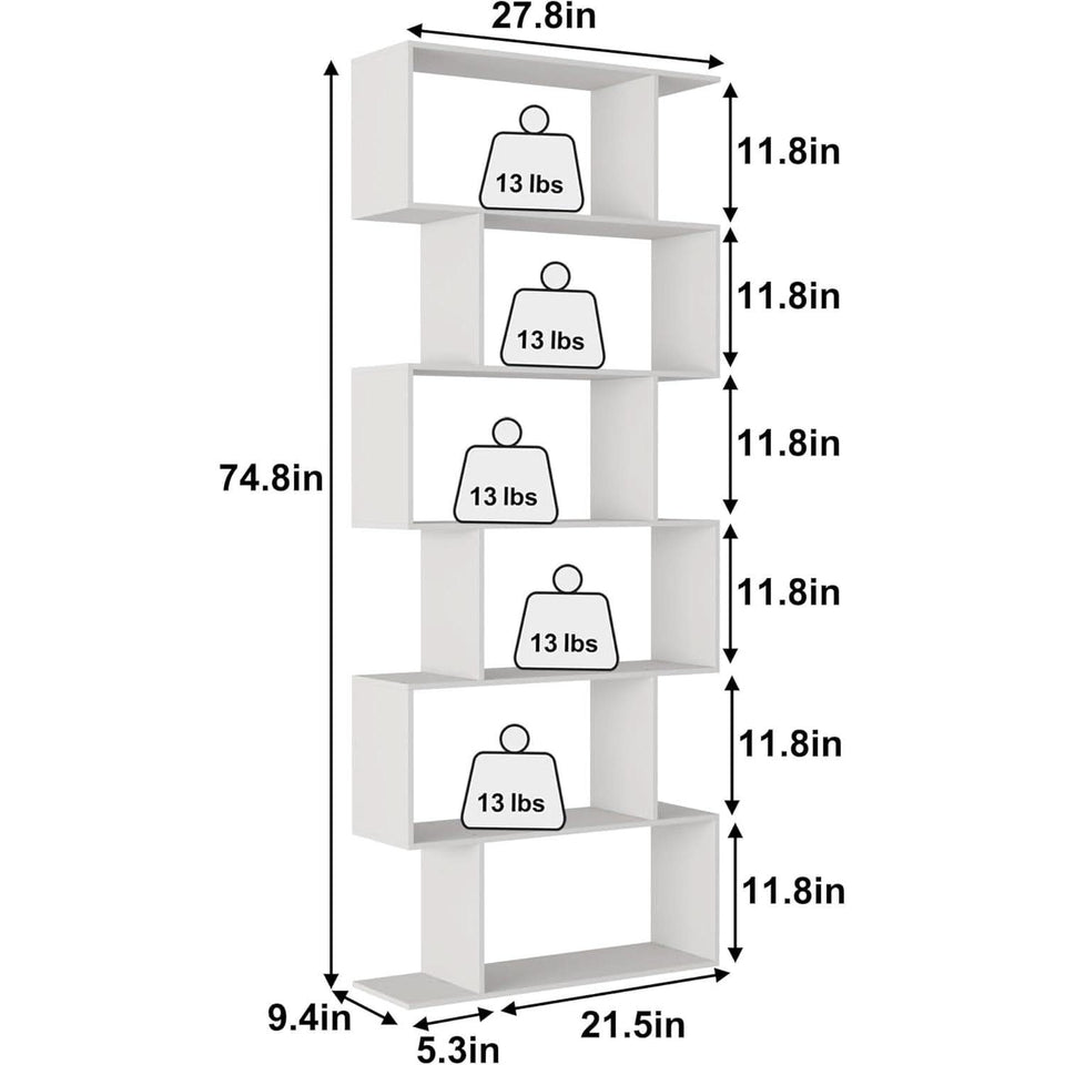S Shaped Bookshelf White 6 Tier Display Bookcase Office