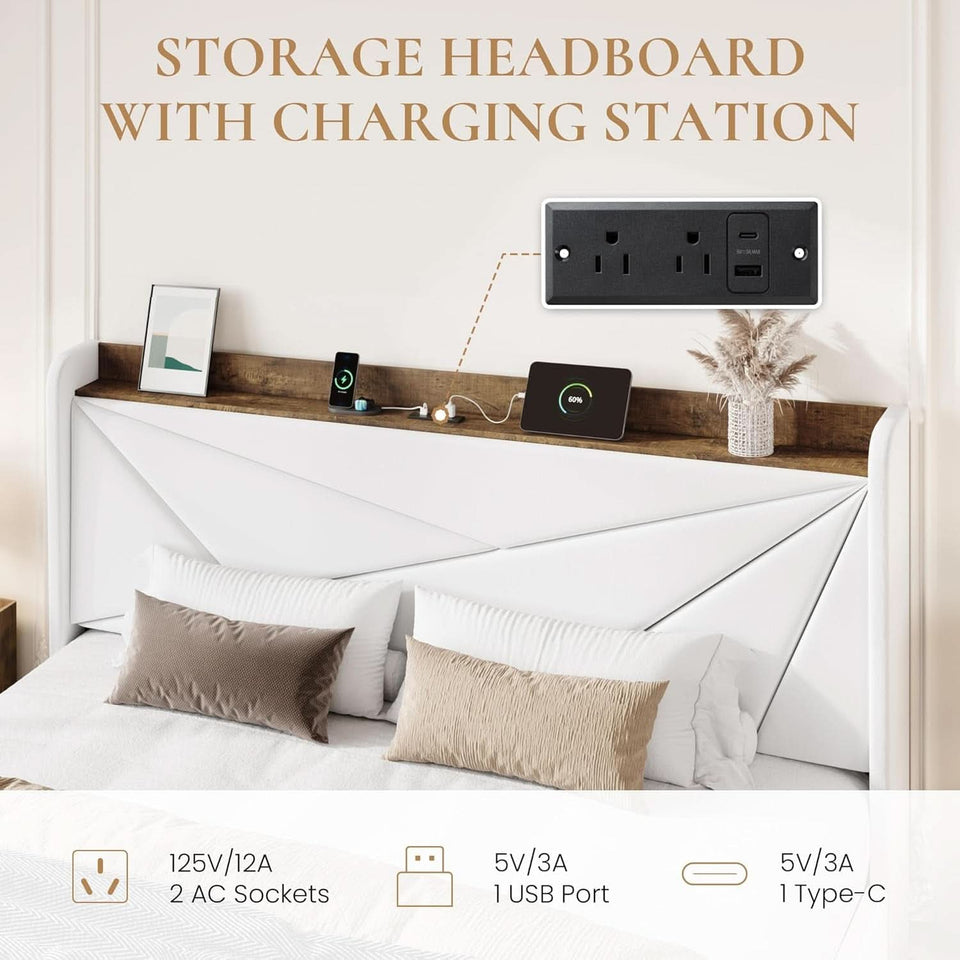White Velvet Upholstered Bed Frame With USB Type C Ports