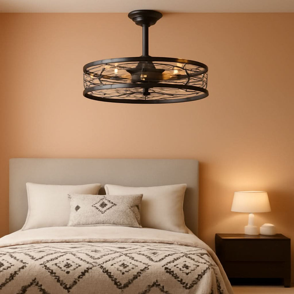 20 Inch Walnut Caged Fandelier Ceiling Fan With Light And Remote Control 6 Speeds With Timing