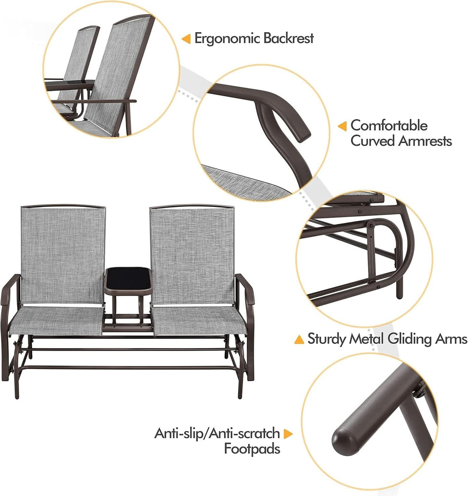 Two-Seat Outdoor Glider Bench with Center Table