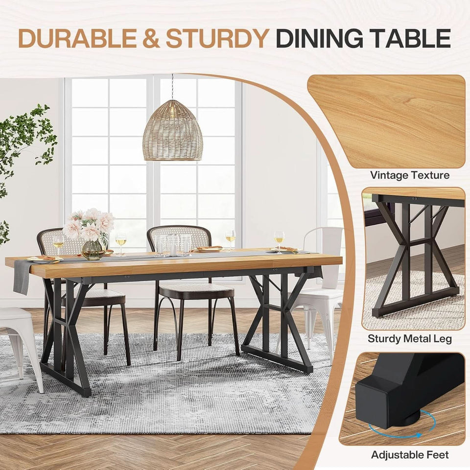 Farmhouse Dining Table 70.8 Inch Wood With Metal Legs