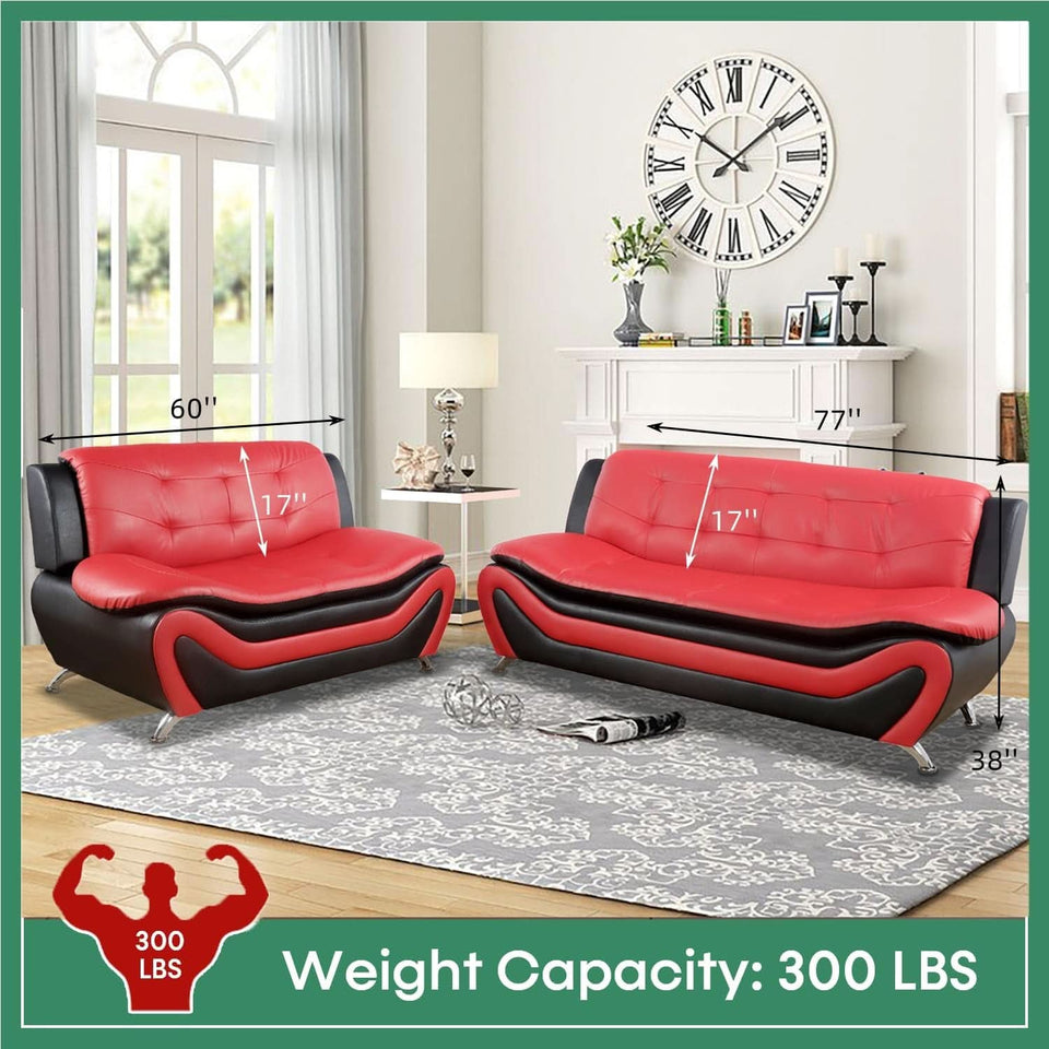 Leather Three Piece Living Room Sofa Set Black And Red