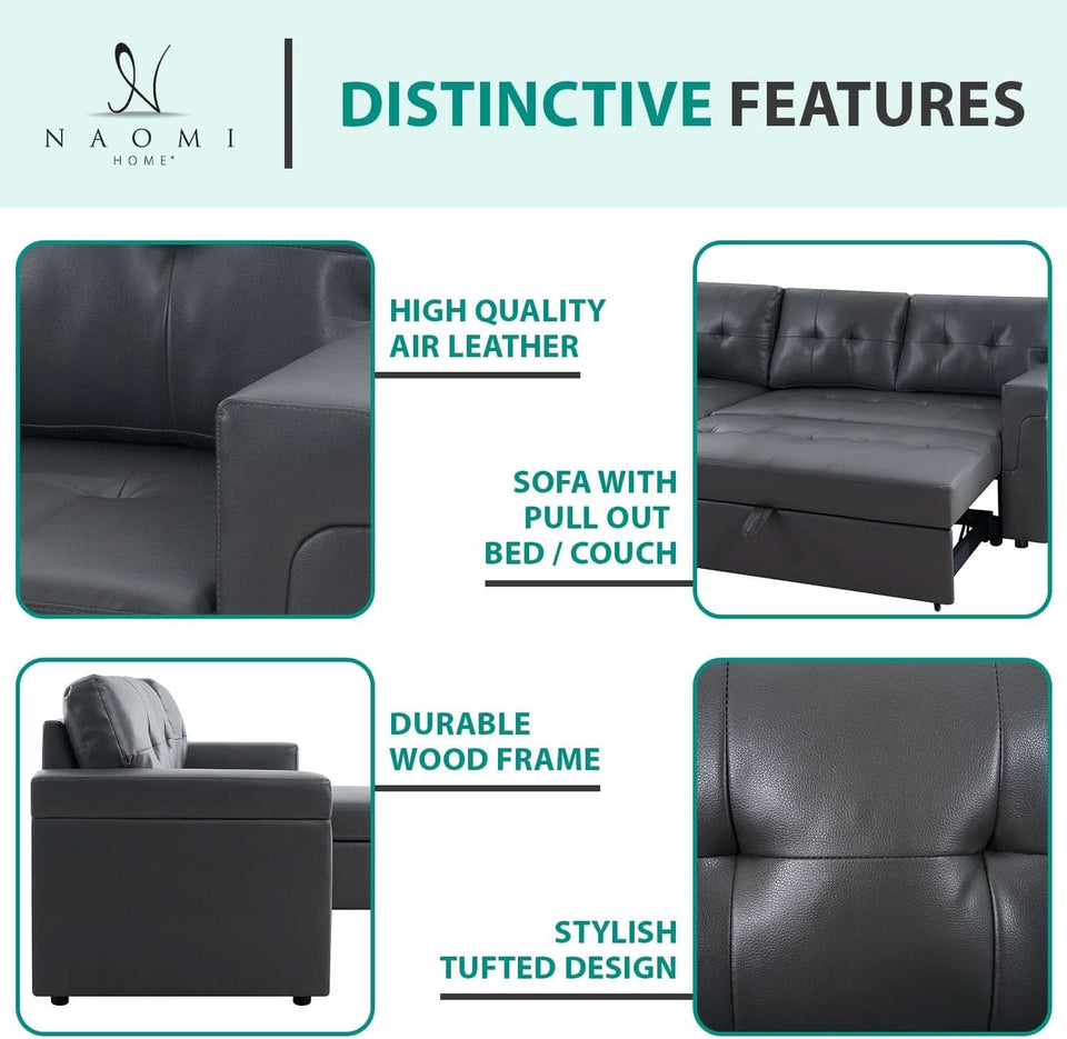 L Shaped Sectional Sofa Sleeper Storage Chaise Dark Gray