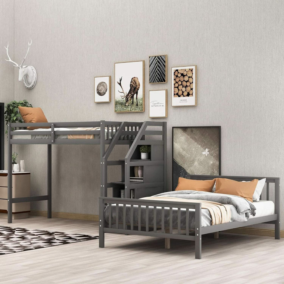 Gray Twin Over Full Bunk Bed With Storage Stairs Solid Wood