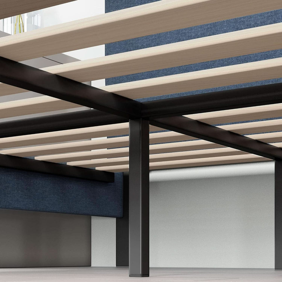 Omkaram Navy Upholstered Platform Bed Frame No Box Spring