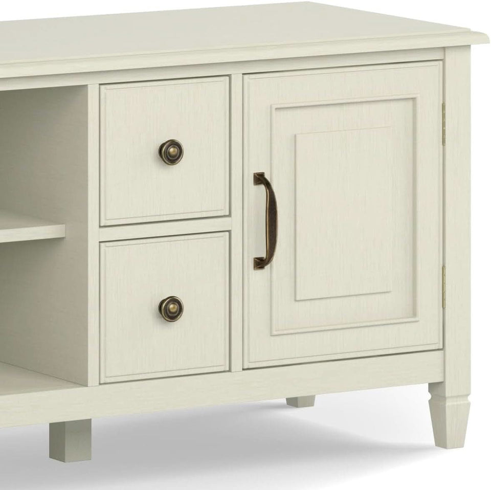 72 Inch Wide Solid Wood TV Stand Antique White With Storage