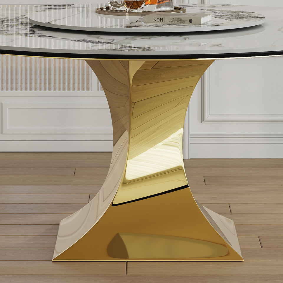 Luxury Round 59" Sintered Stone Dining Table With Stainless Steel Hourglass Base, Scratch & Heat Resistant Surface - Golden / White