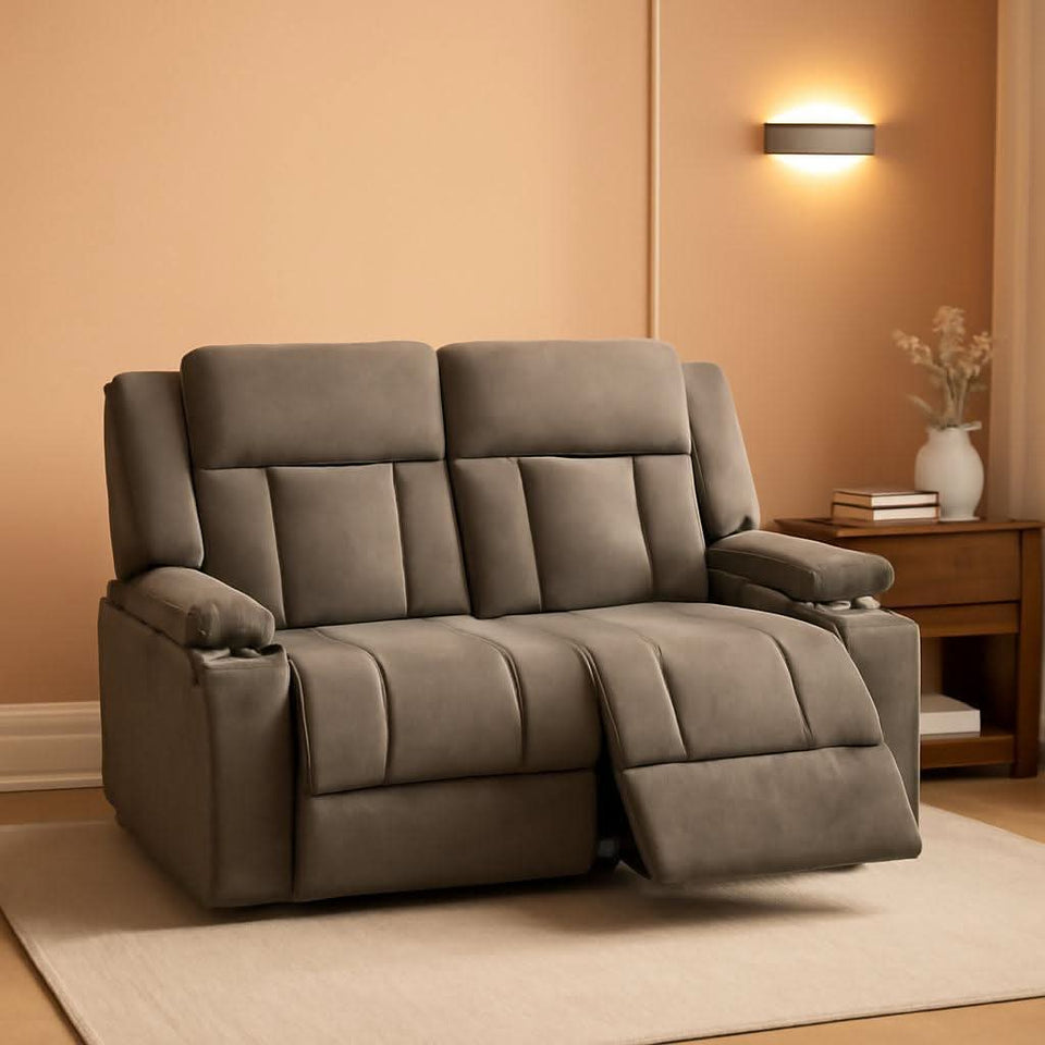 Manual Fabric Recliner Loveseat Sofa With Cup Holders 2 Seater Light Brown