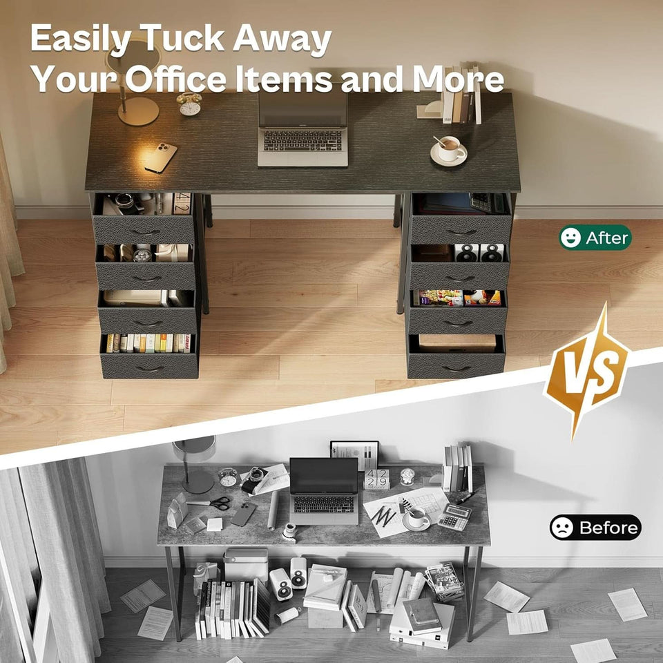 55 Inch Computer Desk With 8 Fabric Drawers For Home Office