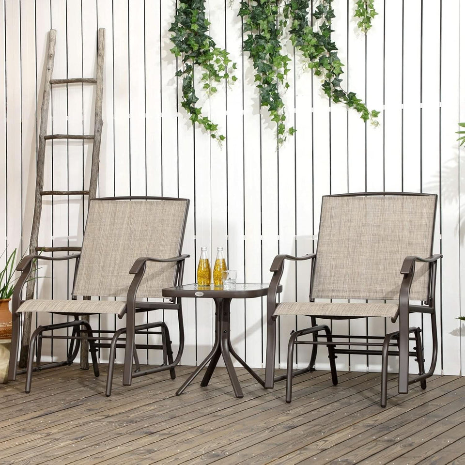 3 Piece Outdoor Glider Chair Bistro Set With Two Sling Chairs And Glass Tabletop Mixed Brown