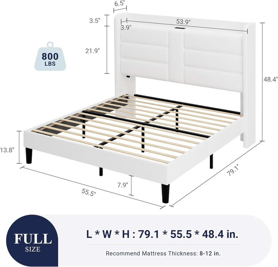 Full Size Platform Bed Frame With USB Charging Station And Storage Headboard