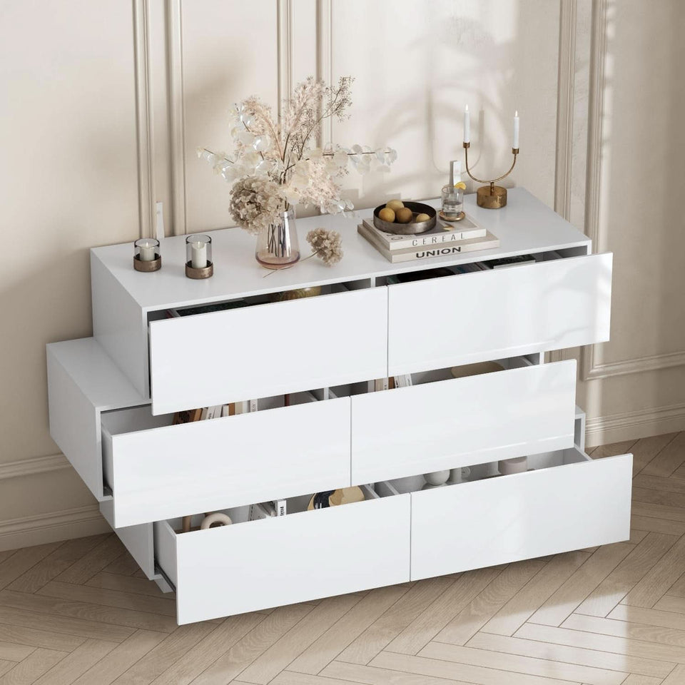 White High Gloss Six Drawer Dresser With Asymmetrical Design
